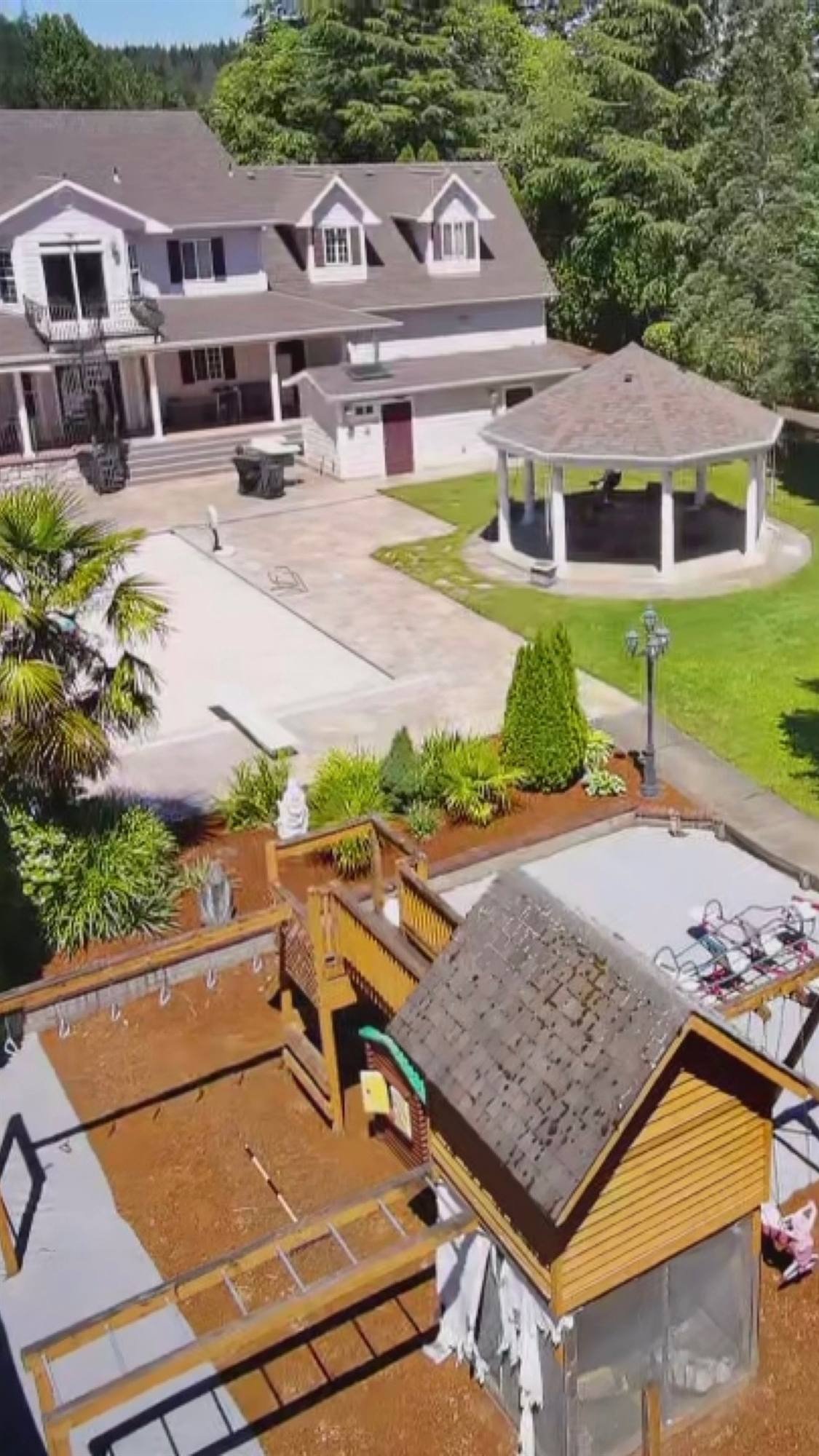 The property from above showing the gazebo and deck
