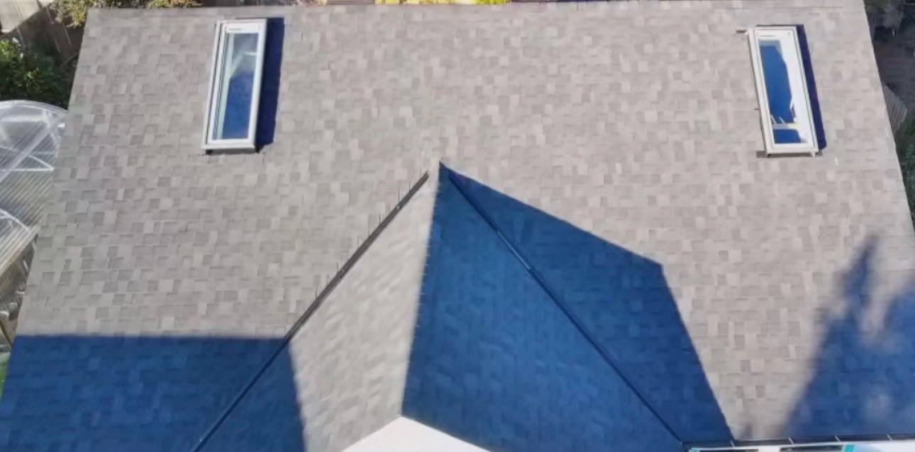 Close aerial of a finished roof with two skylights